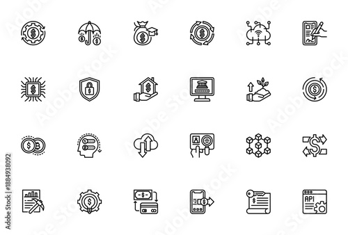 Fintech icon set. Minimal vector icons pack for digital finance. Includes symbols for dollar, insurance, blockchain, online banking, secure transfer, loan, growth, API and more. Editable stroke.