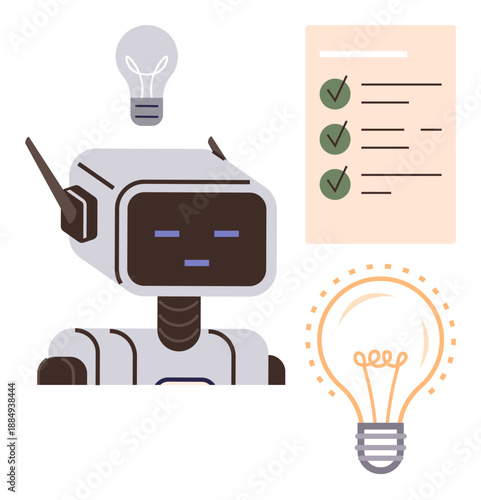 Artificial intelligence, innovation, problem solving, productivity, technology design, efficiency. Robot with checklist and light bulbs. Artificial intelligence and innovation concept
