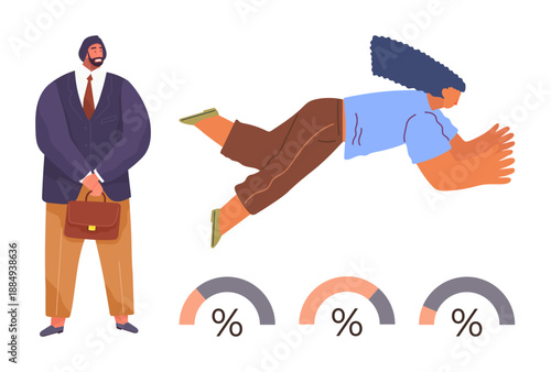 Business growth, leadership, risk-taking, economic progress, corporate teamwork, data visualization. A person in a business suit and a flying individual beside percentage icons. Business growth