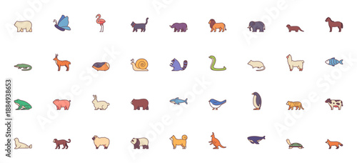 Animals icon set. Vector illustration of polar bear, butterfly, flamingo, cat, lion, elephant, horse, deer, rabbit, panda, whale and more. Wildlife collection.