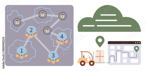 Supply chain management, data security, logistics operations, delivery tracking, cloud technology, route planning. Illustrated map with secure points and logistics elements. Supply chain and data