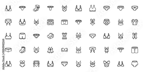 Underwear icon set. Vector lingerie collection. Includes brassiere, thong, knickers, corset, boxers, socks, suspender belt, babydoll and more. Editable line icons.