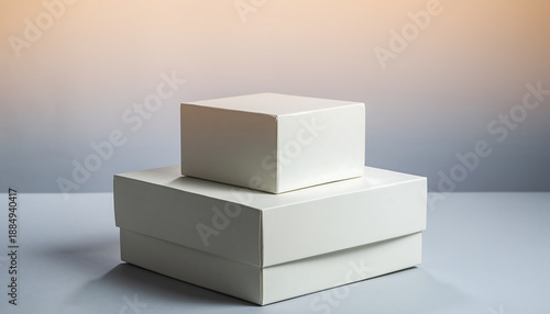Stacked white boxes on a gray surface with soft gradient background