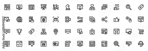Online Marketing icon set. Vector business icons pack for ads, SEO, social media, email, e-commerce, web development and analytics. Editable stroke.