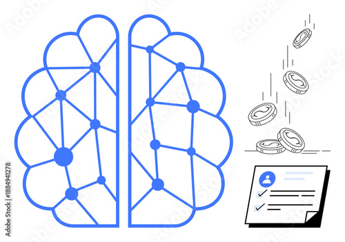 Artificial intelligence, finance, neural networks, decision-making, technology, data analysis. ion of a digital brain, coins and user profile checklist. Artificial intelligence and finance concepts