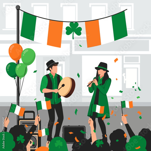 Irish musicians playing traditional music on stage for St Patricks Day