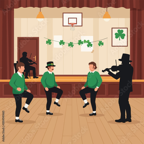 Irish dancers performing jig and reel to violin music indoors