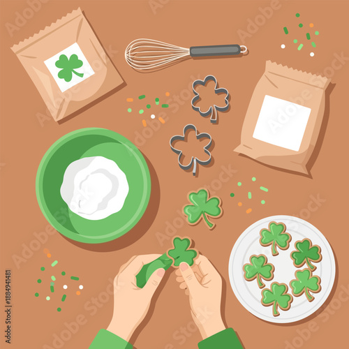Baking St Patricks Day cookies with shamrock cutters and frosting