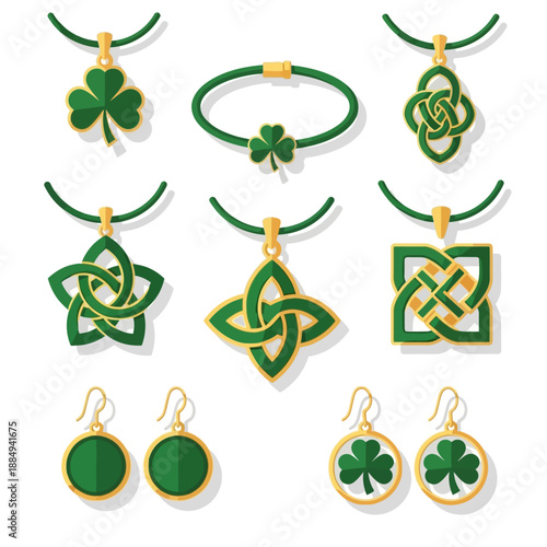 Green Celtic knot jewelry with shamrock charms for St Patrick's Day