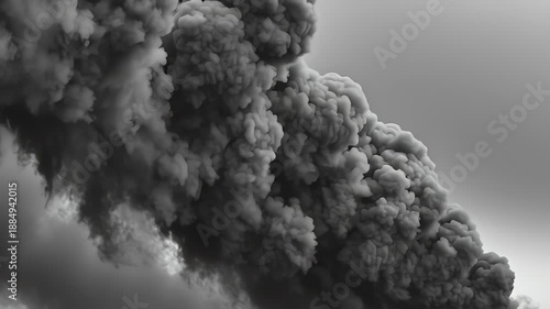 Massive plume of dark gray smoke billows upwards against a cloudy sky.