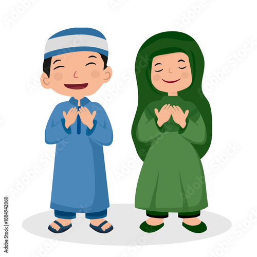 Cute Muslim Boy and Girl Praying Together     