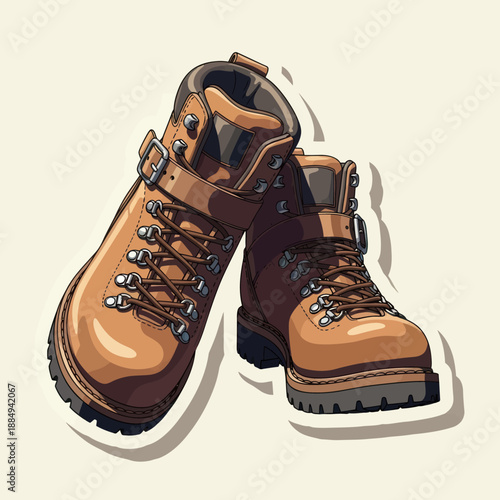 Brown Hiking Boots with Laces and Buckles.