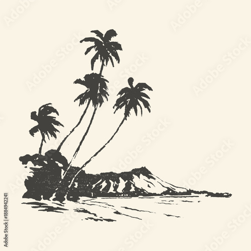 Vintage illustration of palm trees on a tropical island with a volcanic mountain in the background, evoking a retro vacation vibe and serene landscape.