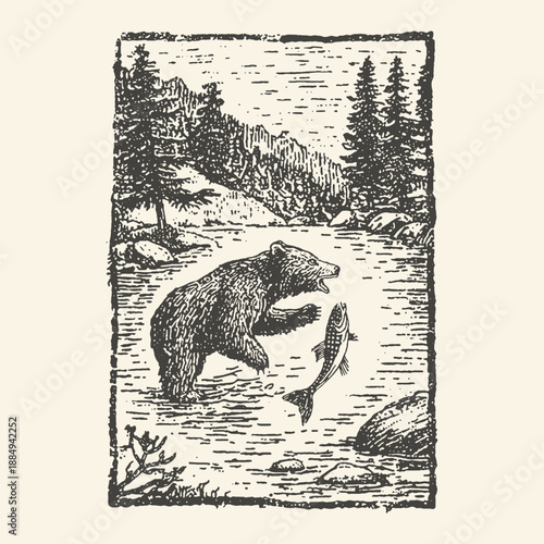 Vintage illustration of a brown bear fishing for salmon in a wilderness river, rendered in a woodcut style.