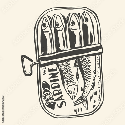 Open sardine can illustration with fish fillets and lemon slices, vintage black and white line art style