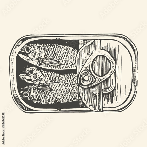 Vintage linocut illustration of a tin can with three sardines inside, open and ready to serve, evoking a retro or artisanal food aesthetic.