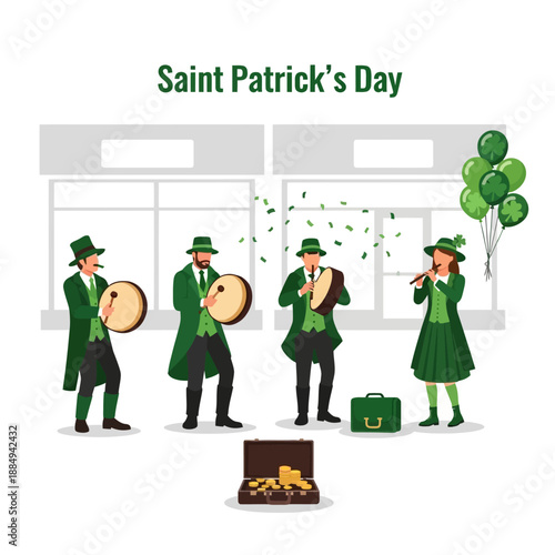 Saint Patrick's Day street band celebration with music and gold coins