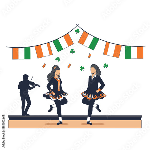 Irish dancers perform with Irish flags and clover decorations