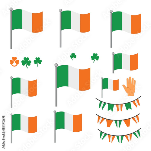 Collection of Irish flags and shamrock symbols on white background