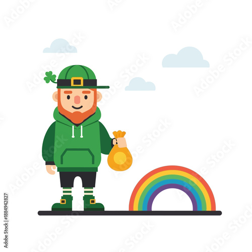 Lucky leprechaun with gold bag and colorful rainbow