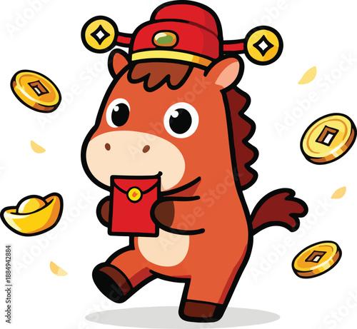 Cartoon Horse in Chinese Attire Holding Red Envelope