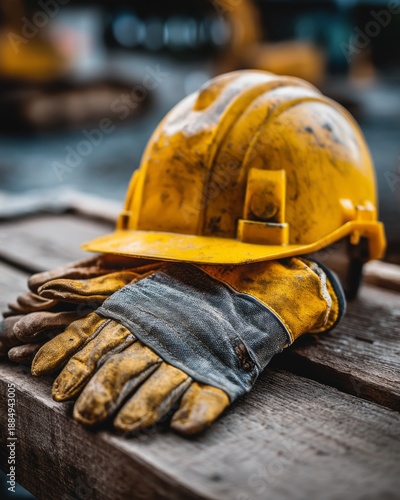 Yellow Safety Helmet and Work Gloves Displayed on a Wooden Table in a Workplace Setting