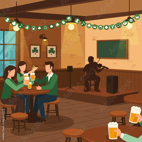 Irish pub celebrating Saint Patricks Day with music and beer