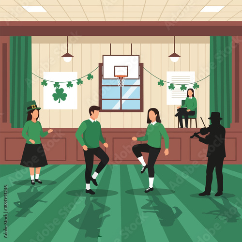 Irish dancers perform in a gymnasium with shamrock decorations