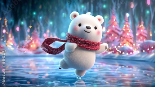 Skating Polar Bear: An adorable polar bear glides gracefully on ice skates, enveloped in a winter wonderland, the scene is festive and cheerful.