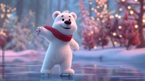 Whimsical Polar Bear Skating: A charming polar bear glides gracefully on ice skates in a winter wonderland, exuding joy and festive cheer.  