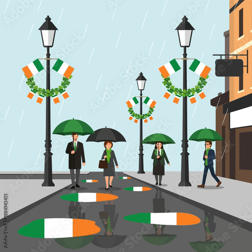 Elegant people with umbrellas walking on rainy street Saint Patricks Day decorations
