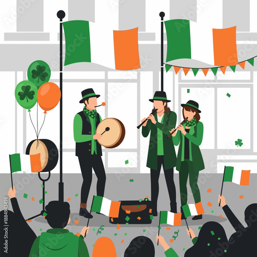Irish musicians perform with flags and confetti at a St. Patrick's Day celebration event