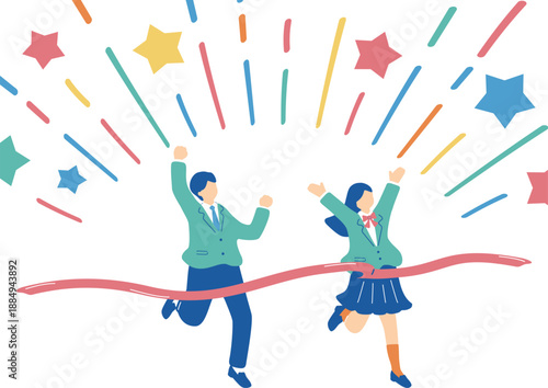 ゴールテープを切る男女の学生