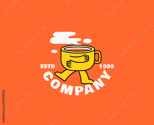 Coffee cup character walking happily with steam on top, flat modern style fun and creative mascot design suitable for coffee shops, cafés, beverage branding, logos, stickers cartoon illustration