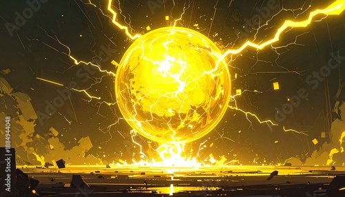 Digital illustration of a large yellow lightning ball with electrical discharges against a dark background with a fiery glow.