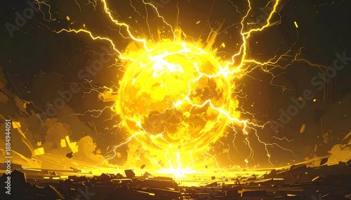 A large, bright yellow explosion with lightning bolts, set against a dark background with debris and a white space below, conveying a dramatic and intense mood.