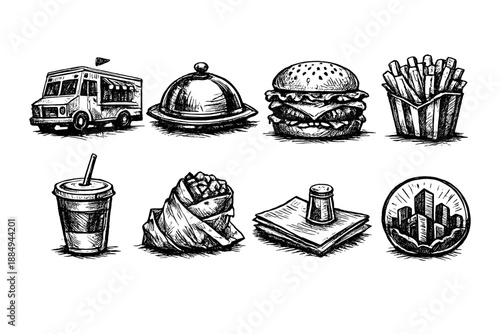 Hand-drawn icons of fast food items and a food truck, perfect for menus and branding