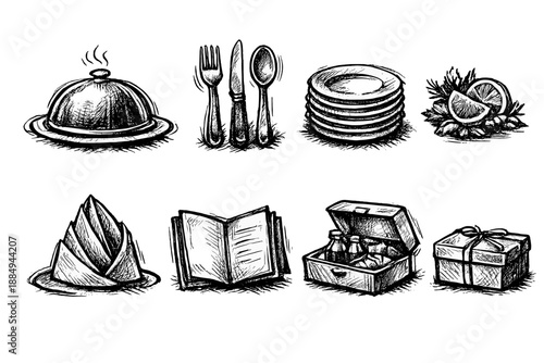 Collection of hand-drawn icons representing dining and food service elements