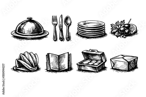 Collection of hand-drawn food and dining icons in a sketch art style