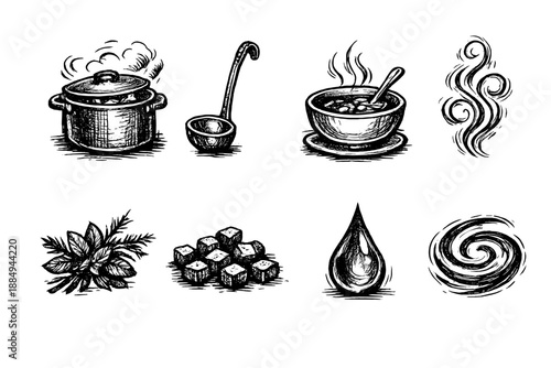 Hand-drawn culinary icons featuring cooking pot, ladle, soup, herbs, sugar cubes, liquid drop, and swirl