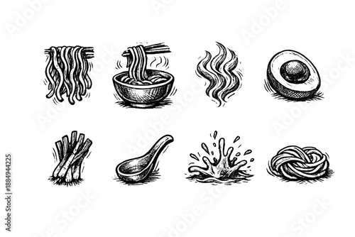 Hand-drawn sketch icons of Japanese ramen ingredients and elements