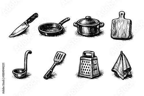 Collection of hand-drawn kitchen utensils and cookware on a black background