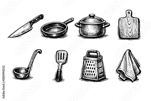 Collection of hand-drawn kitchen utensils and cookware in a sketch style on a black background