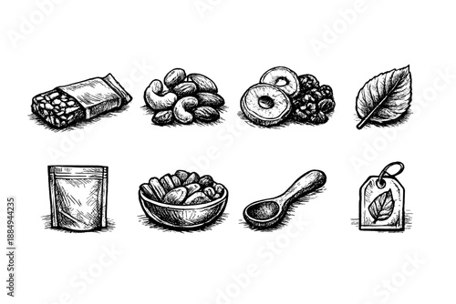 Hand-drawn collection of healthy snacks and ingredients for a balanced diet