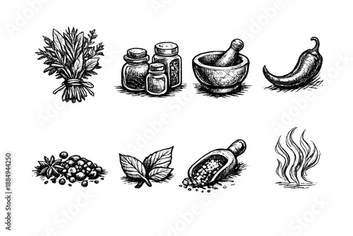 Hand-drawn collection of culinary herbs, spices, and cooking elements in sketch style