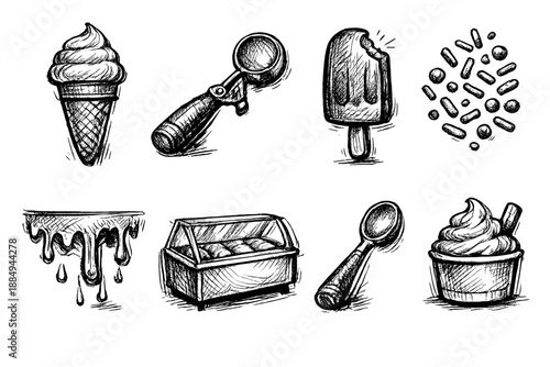 Hand-drawn ice cream collection featuring cones, popsicles, scoops, and toppings
