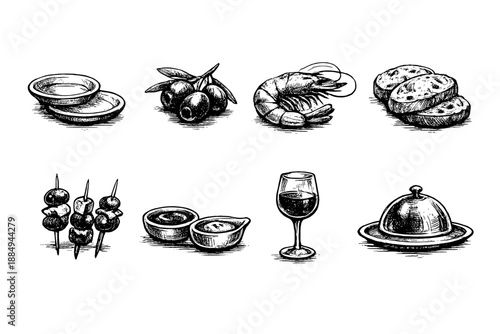 Hand-drawn collection of delicious appetizers and drinks for a sophisticated meal