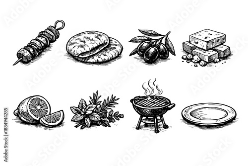 Hand-drawn Mediterranean food ingredients and cooking elements on black background