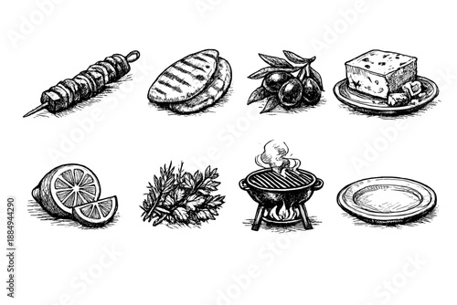 Hand-drawn sketch of barbecue ingredients and cooking elements on a black background