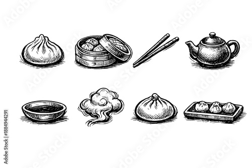 Hand-drawn collection of Asian food and drink elements, including dumplings and tea
